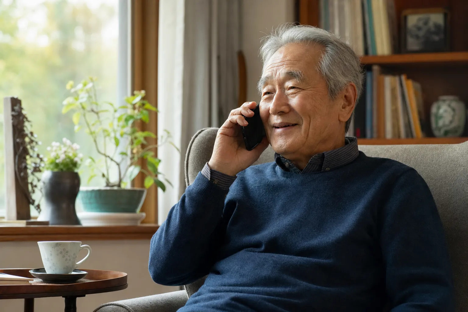 An elder relaxed in an armchair on a call