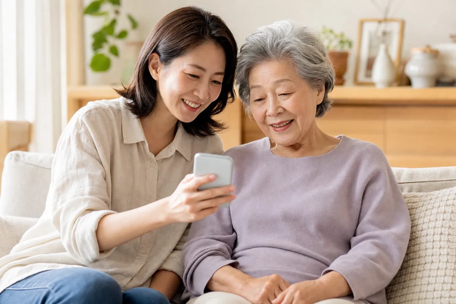 A daughter helping her mother get started on a phone