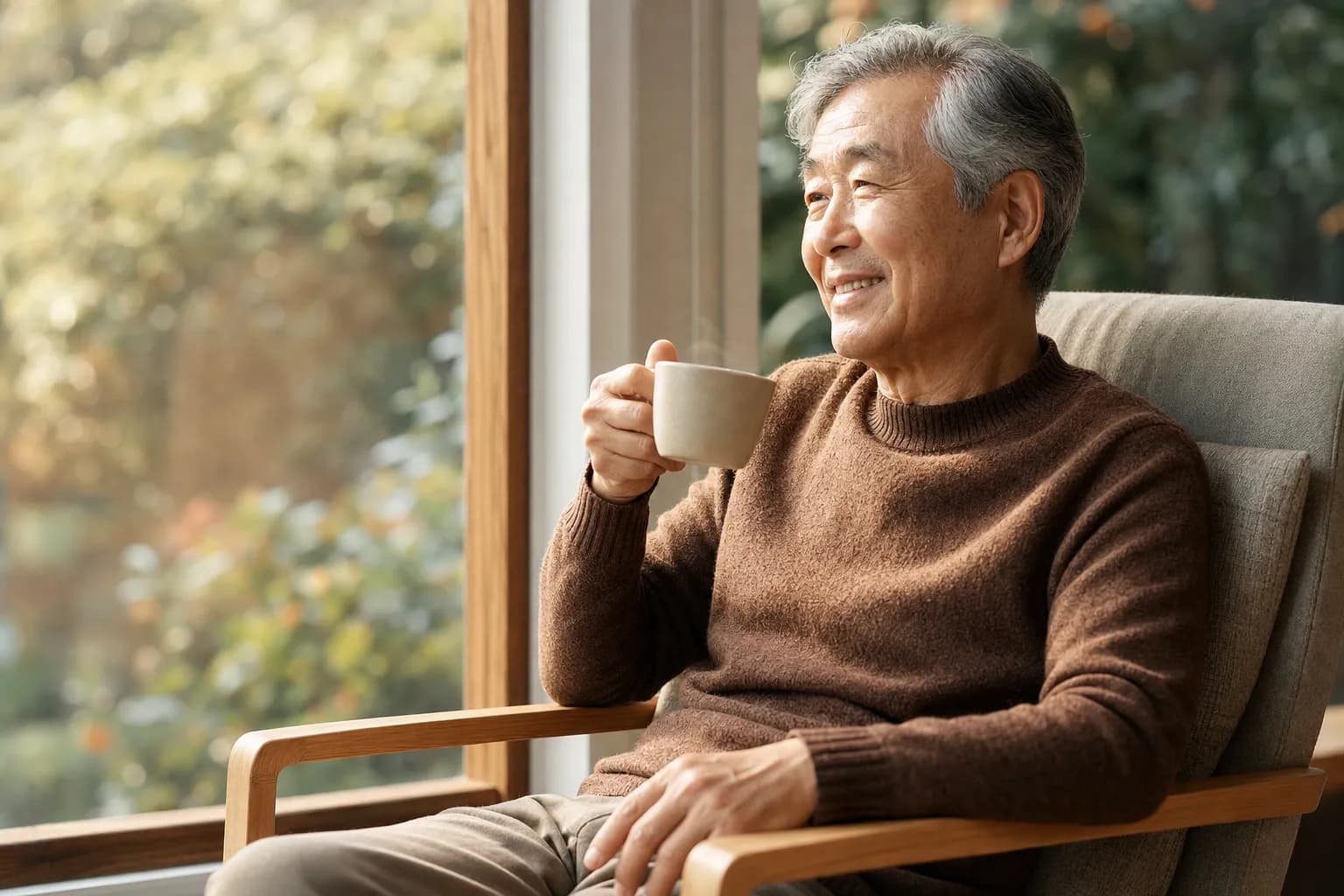 A man relaxed with tea by the window