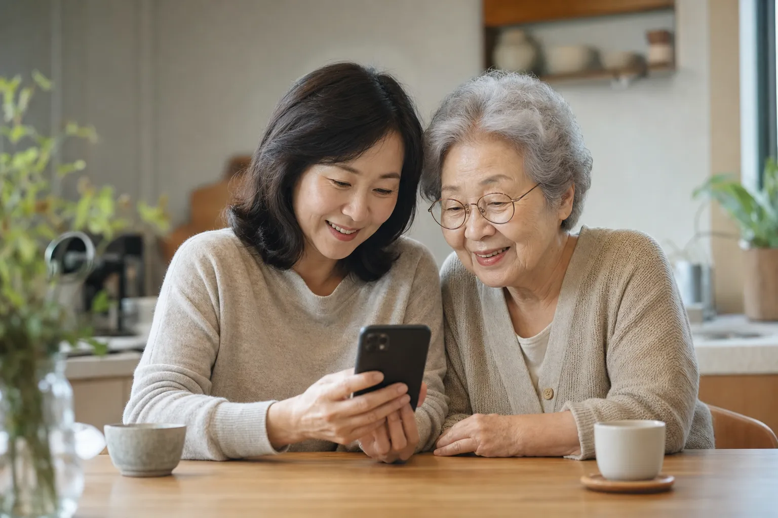 A daughter and her mother looking at a report together on a phone