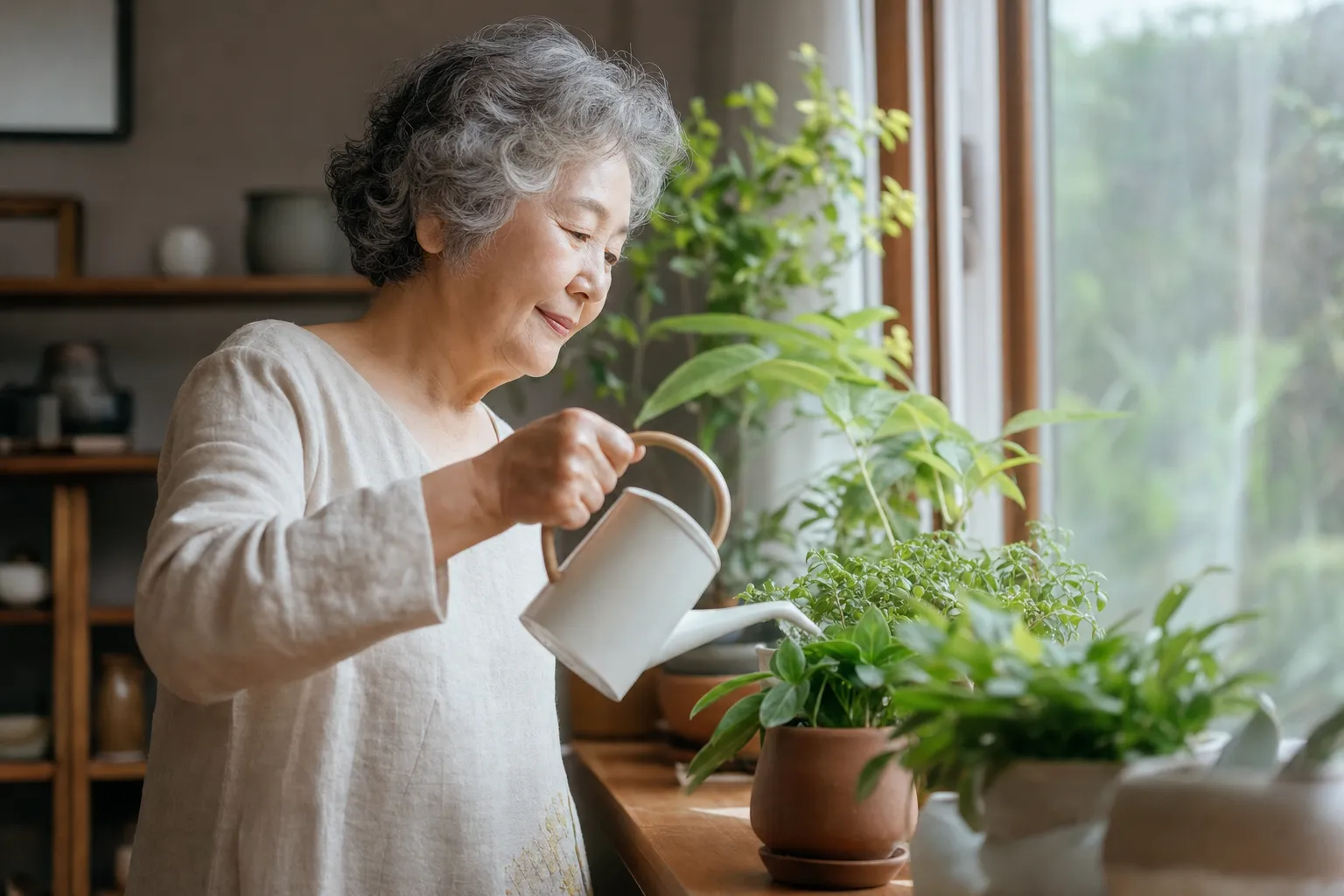 An elderly woman calmly watering plants by the window