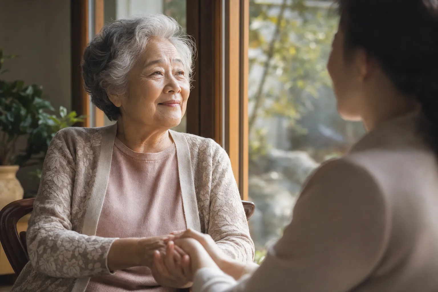 A hopeful elder greeting the day by a sunlit window